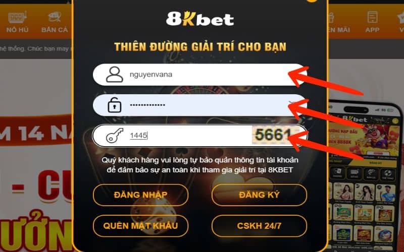 Điền thông tin tài khoản để đăng nhập 8KBET